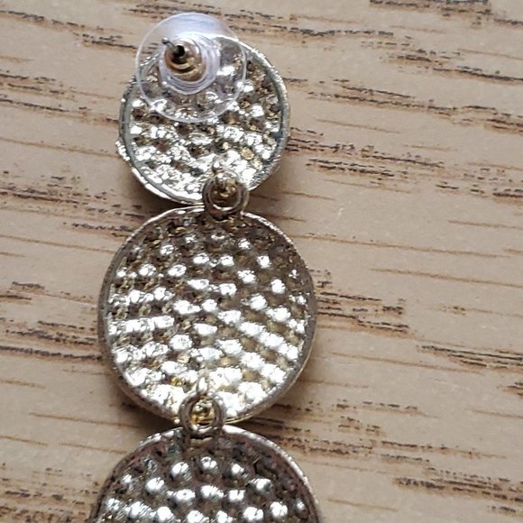 NWOT White Crystal and Clear Silver Disc Goldtone Dangle Earrings - Picture 5 of 6